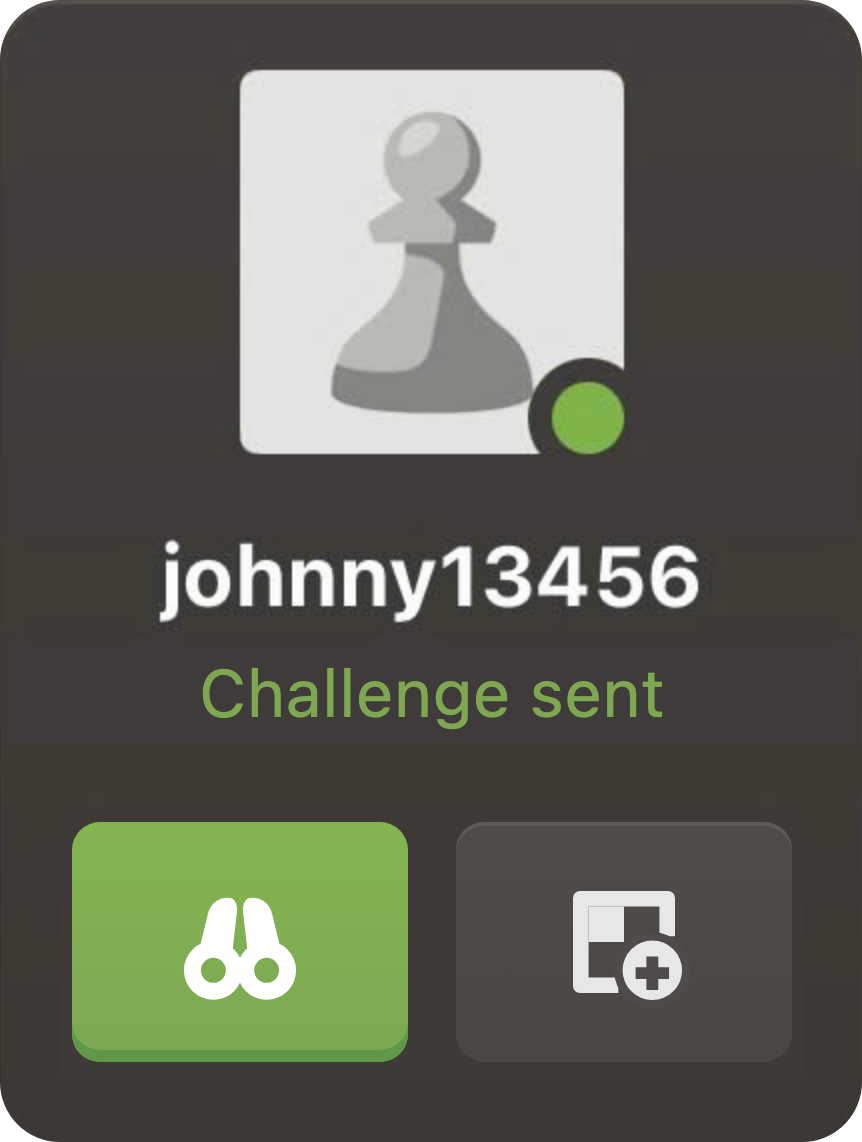 A friend's card on Chess.com reading Challenge sent, beneath watch and challenge buttons